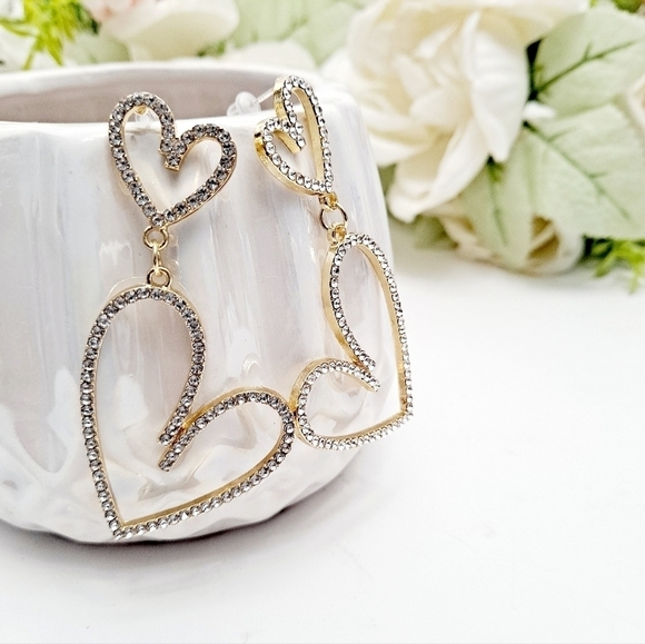 Gold Hoop chunky earrings dangle rhinestone Hearts Romantic statement 💖2/$30 - Picture 10 of 16